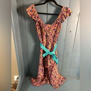 Marc Jacobs 100% Silk Pink Floral / Teal Belt Dress | Size 2
